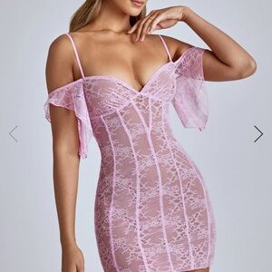 Oh Polly Pink Lace Off-Shoulder Mini Dress